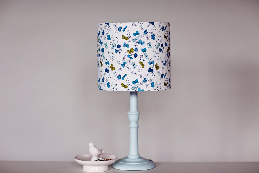 Blue butterfly, lampshade, butterfly lampshade, blue and white lamp, fabric lamp