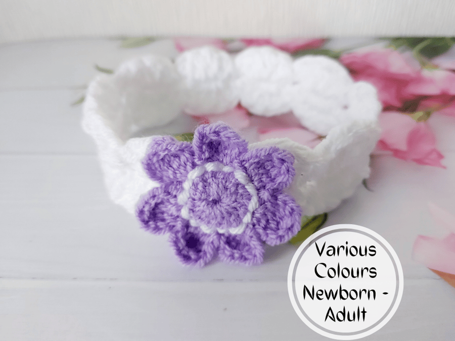 Crochet Baby Headband, Flower Hair Band, Made To Order in Sizes Baby up to Adult