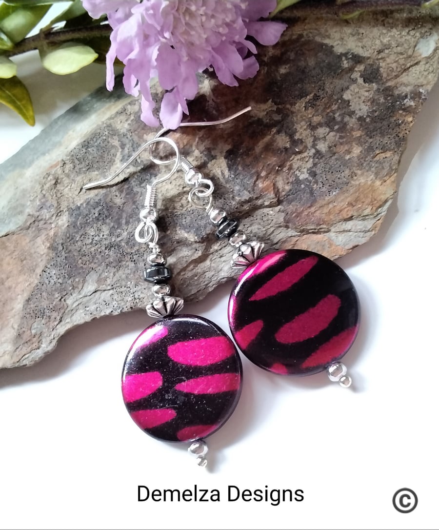 Printed Mother of Pearl & Haematite Silver Plated Earrings