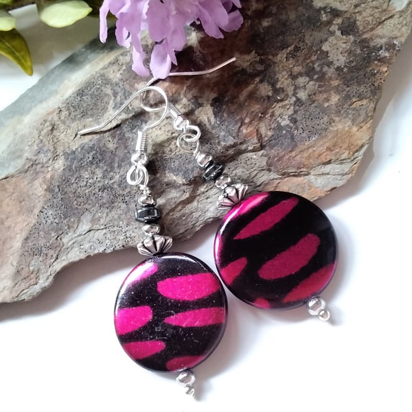 Printed Mother of Pearl & Haematite Silver Plated Earrings