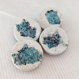 Aqua Blue Textile and Concrete Mixed Media Round 50mm Brooches