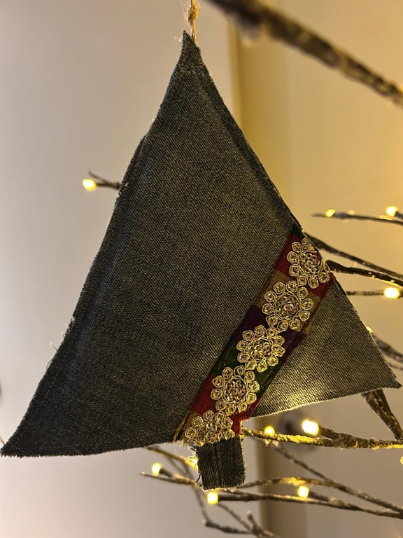 Handmade hanging decoration - rustic Christmas tree in pre-loved denim