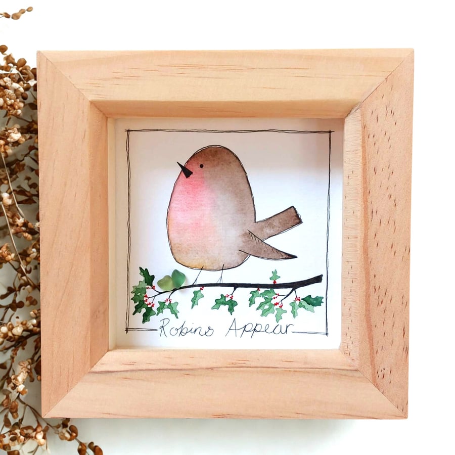 "Robins Appear" Sea Glass Robin Art, Handmade Robin Keepsake, Meaningful Gift