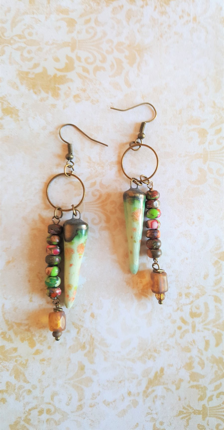 Tribal Bead Asymmetrical Drop Artisan Earrings Handmade Ceramic Drops