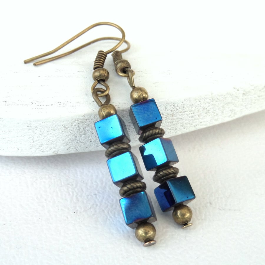 Metallic blue hematite cube earrings - great summertime jewellery