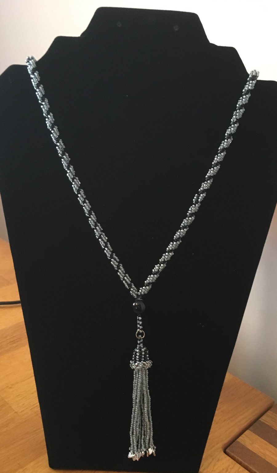 Grey and black beaded lariat necklace