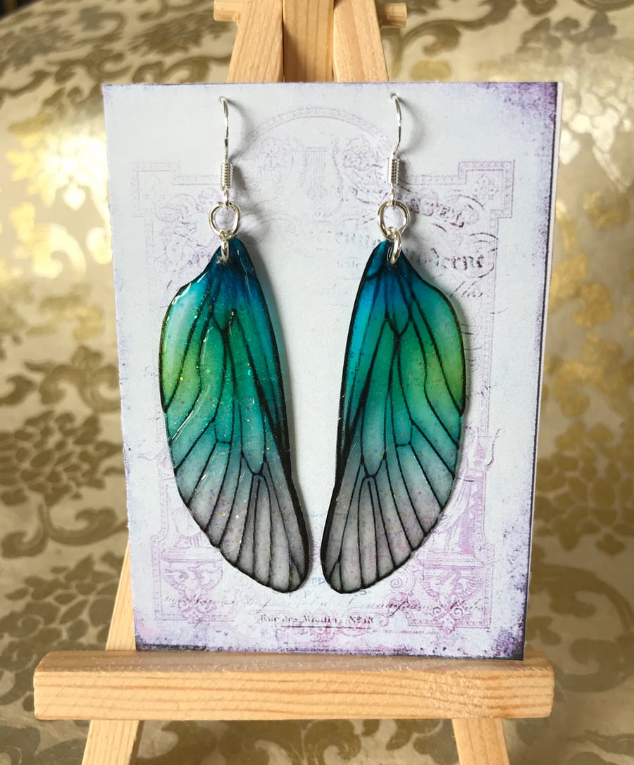 Blue and Green Shimmering Fairy Wing Sterling Silver Earrings