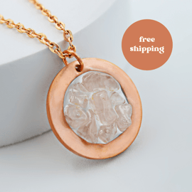 Rose Quartz Copper Geode Pendant - Free Postage