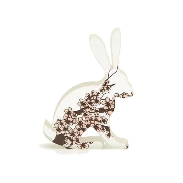 Glass Hare Sculpture with Cherry Blossom 