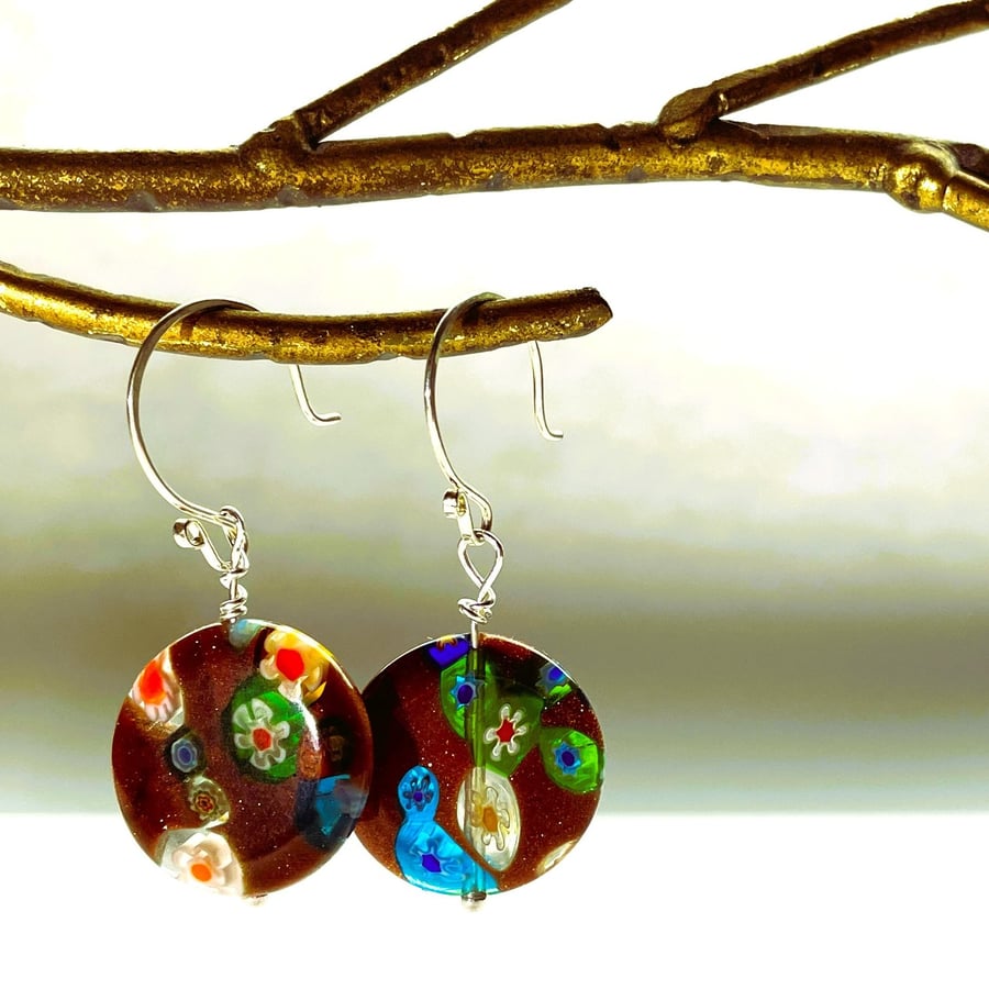 Gold millefiori disc earrings
