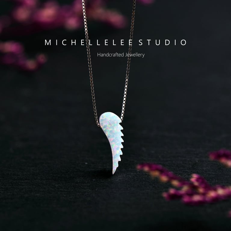 Feather Fire Opal Wing Necklace with Sterling Silver Chain