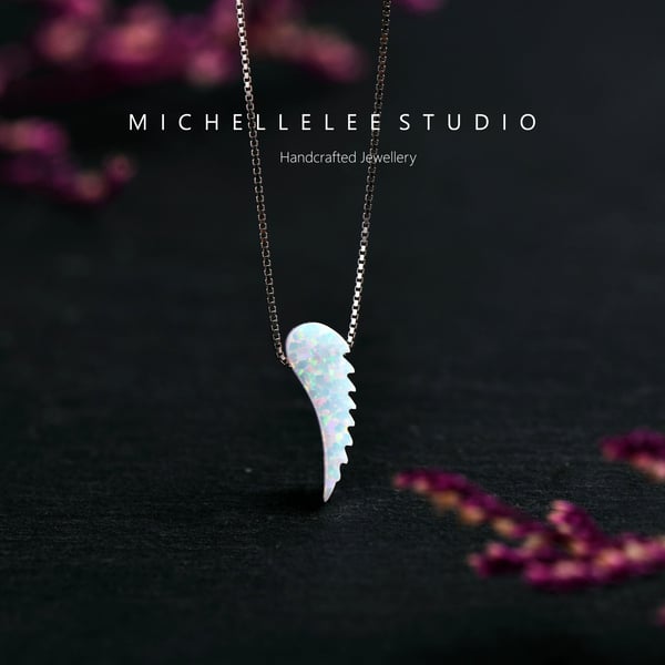 Feather Fire Opal Wing Necklace with Sterling Silver Chain