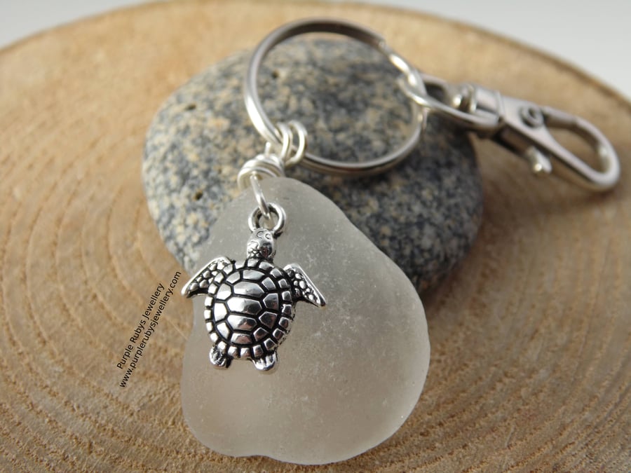 White Sea Glass with Turtle Charm Bag Charm Keyring K352