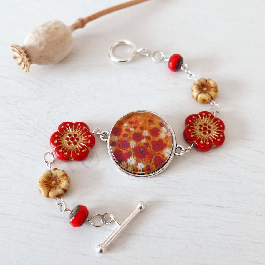 Red Bracelet with Poppy Art print and Czech Glass Beads