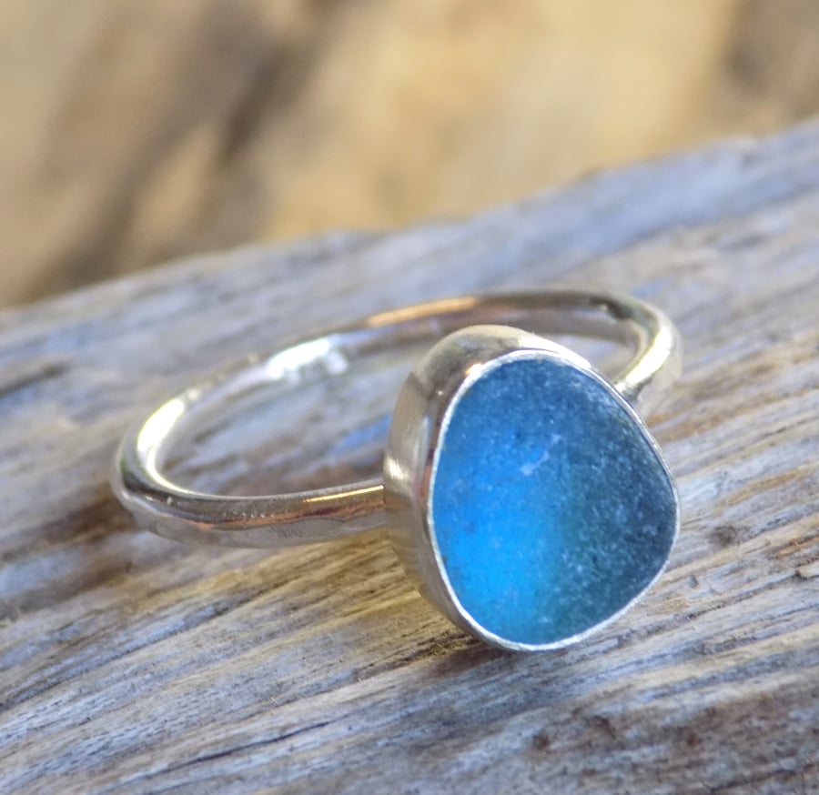 Sterling silver bezel set sea glass ring size UK O