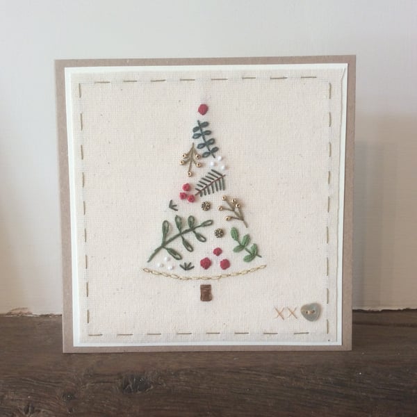 Made to order Folk Art Fir Tree hand embroidered card