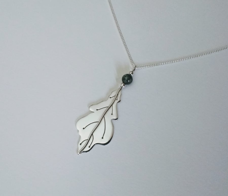 Sterling Silver Oak Leaf Pendant, Moss Agate Bead, 16" Chain