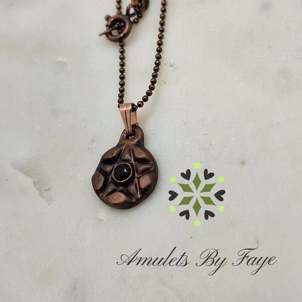 Recycled Small Copper Pentacle Pendant with Black Spinel Gemstone Necklace.