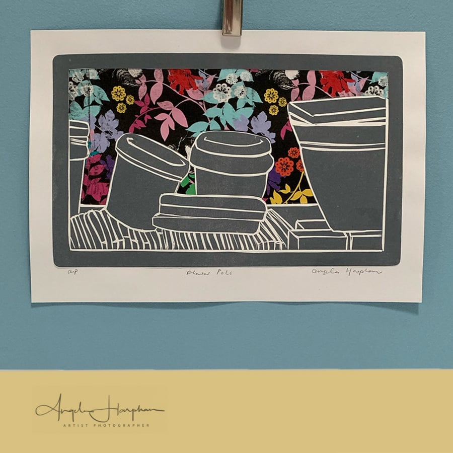 Flower Pots Lino Print with Bright Floral Tissue - Unique