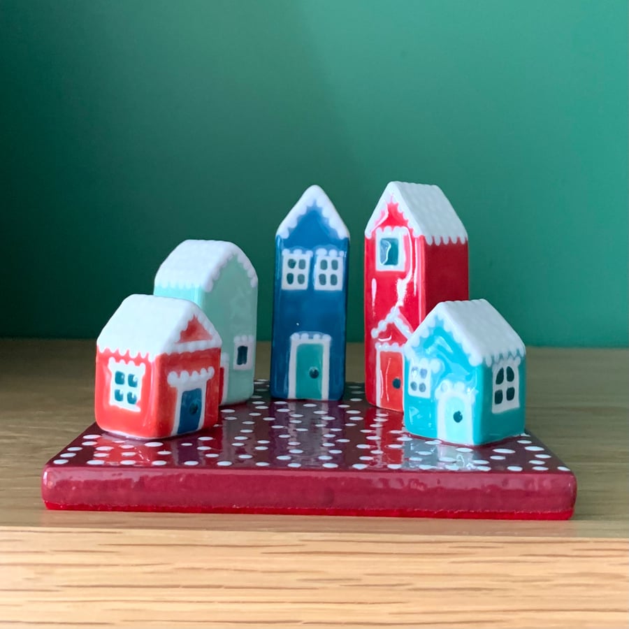 Handpainted Ceramic Winter Houses, Christmas Scene Ornament