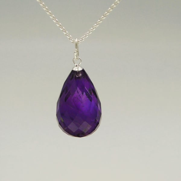 A rare Amethyst gemstone teardrop pendant on a Sterling silver chain One-off