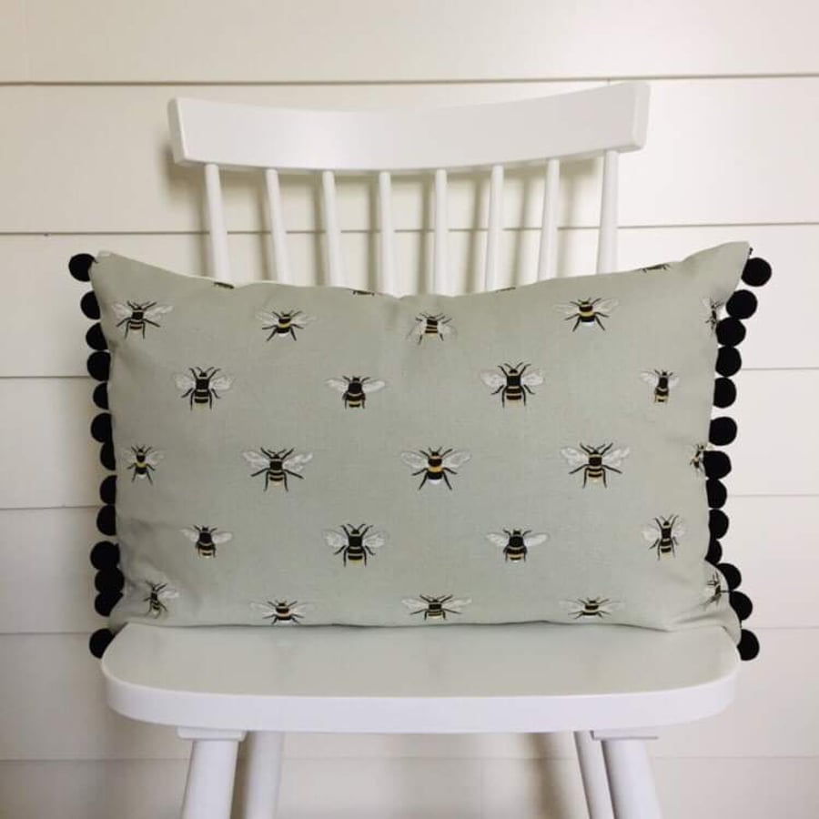 Sophie Allport Bees  Cushion Cover with Black Pom Poms