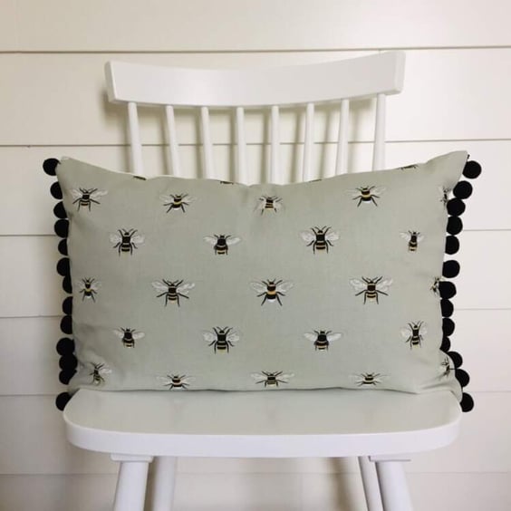 Sophie Allport Bees  Cushion Cover with Black Pom Poms