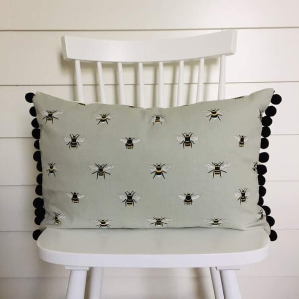 Sophie Allport Bees  Cushion Cover with Black Pom Poms