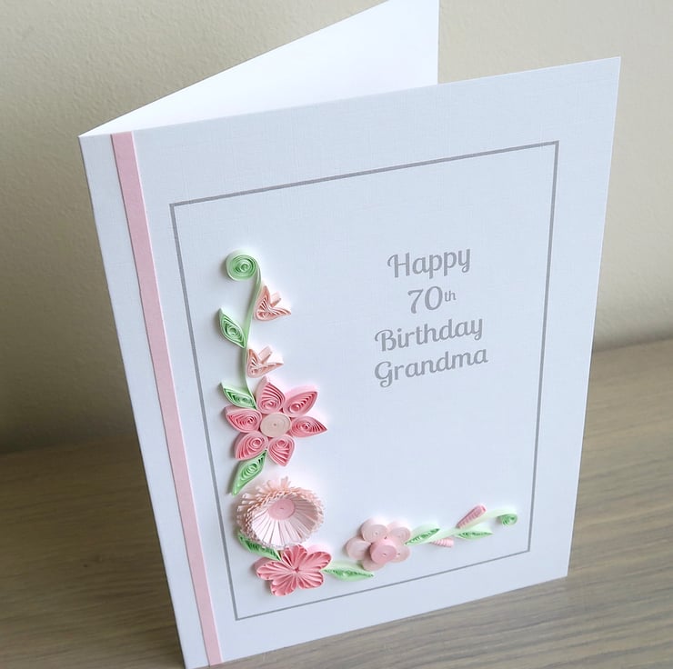 Handmade 70th birthday card with pink quilled f... - Folksy