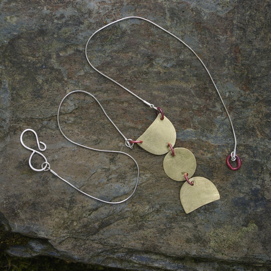 Statement Brass and Copper Geometric Necklace with silver  Chain
