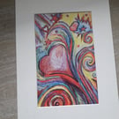 Surreal love hearts and stars, color pencil & pen drawing.  