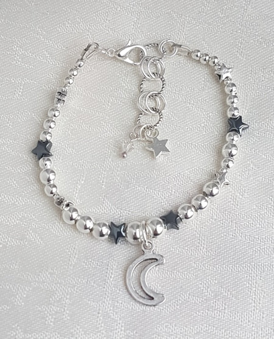 Gorgeous Silver bead and Star Bracelet with Crescent Moon charm