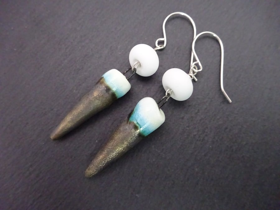 white lampwork glass earrings, ceramic jewellery