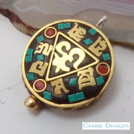 Medium Round Ethnic Nepal Tibet-Turquoise Coral-Pendant.