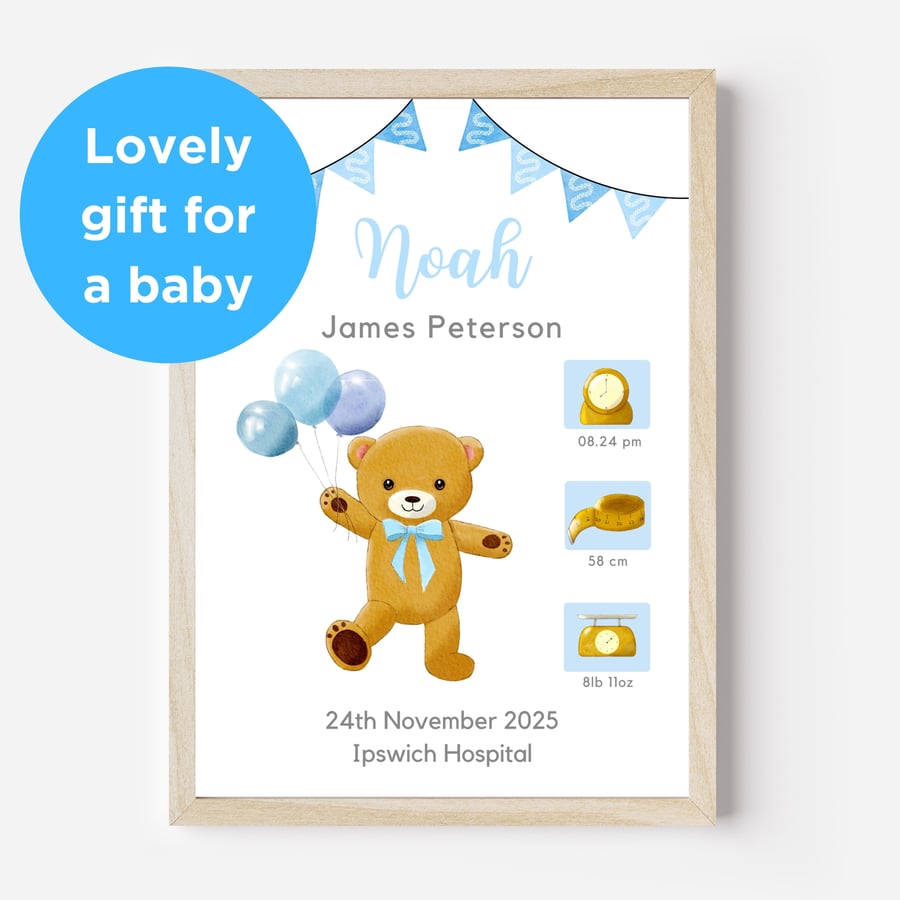Teddy bear blue nursery wall art print with babys name and birth details