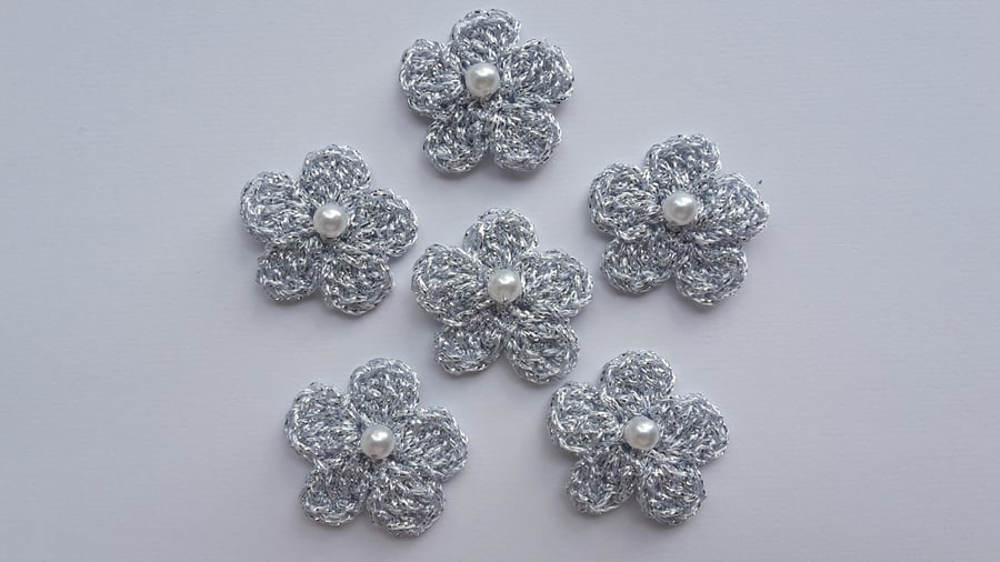 Silver Crochet Flowers with Pearl