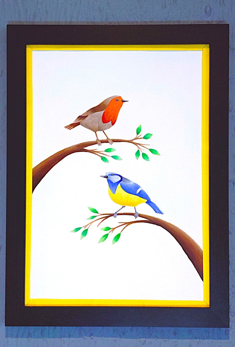 Made in UK Framed A3 Print Colourful Blue tit Red Robin Yellow Border Wallart