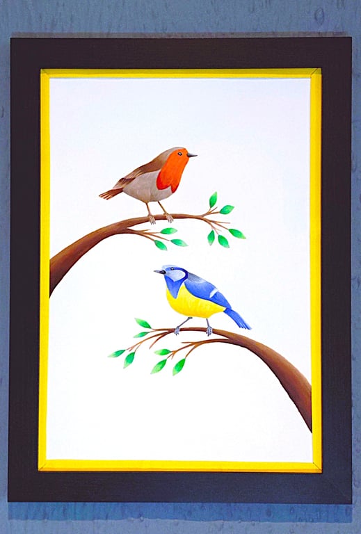 Made in UK Framed A3 Print Colourful Blue tit Red Robin Yellow Border Wallart