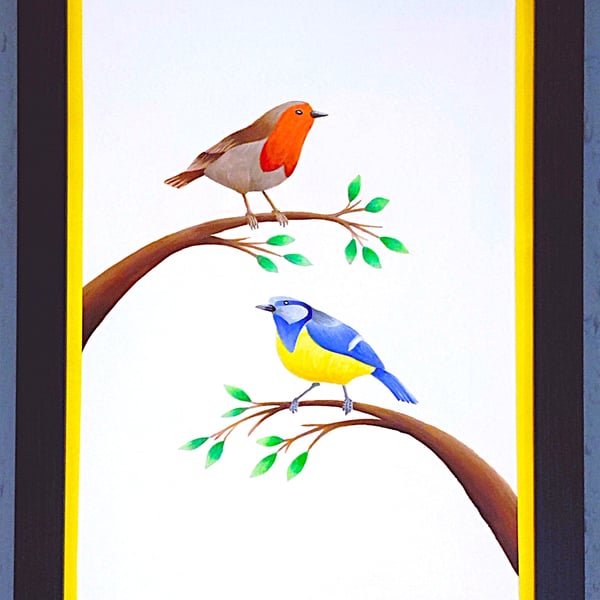Made in UK Framed A3 Print Colourful Blue tit Red Robin Yellow Border Wallart