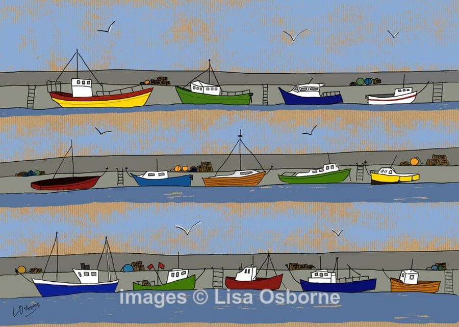 The Harbour. Signed print. Digital illustration. Boats. Sea. Fishing. Sailing
