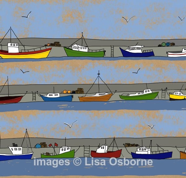 The Harbour. Signed print. Digital illustration. Boats. Sea. Fishing. Sailing