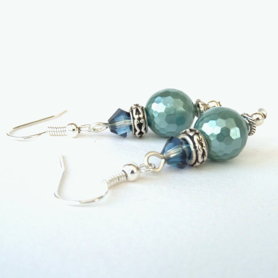 Teal green shell pearl & Swarovski crystal earrings