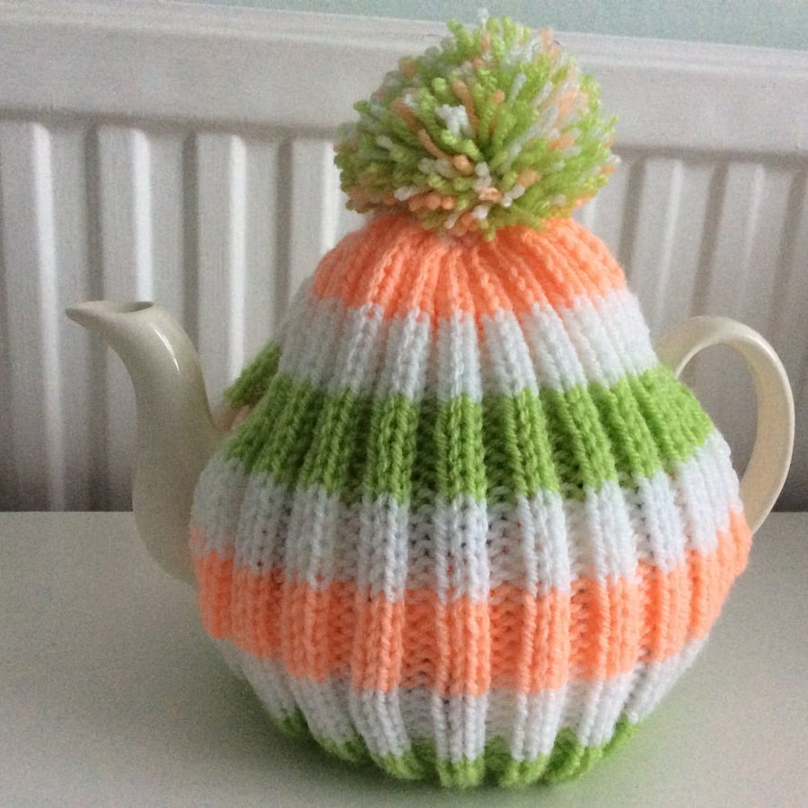  Peach and lime striped Tea Cosy - fits up to a 6 cup pot