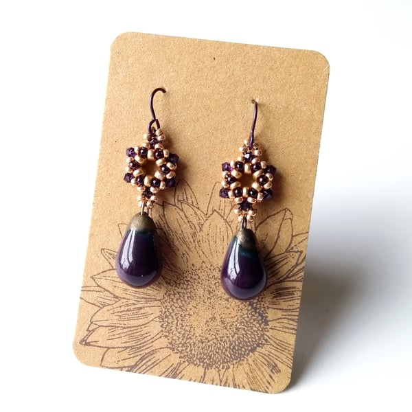 Deep Purple and Gold Ceramic Beaded Drop Earrings