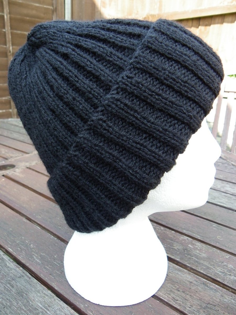 Hand knitted traditional black beanie hat mens ladies unisex