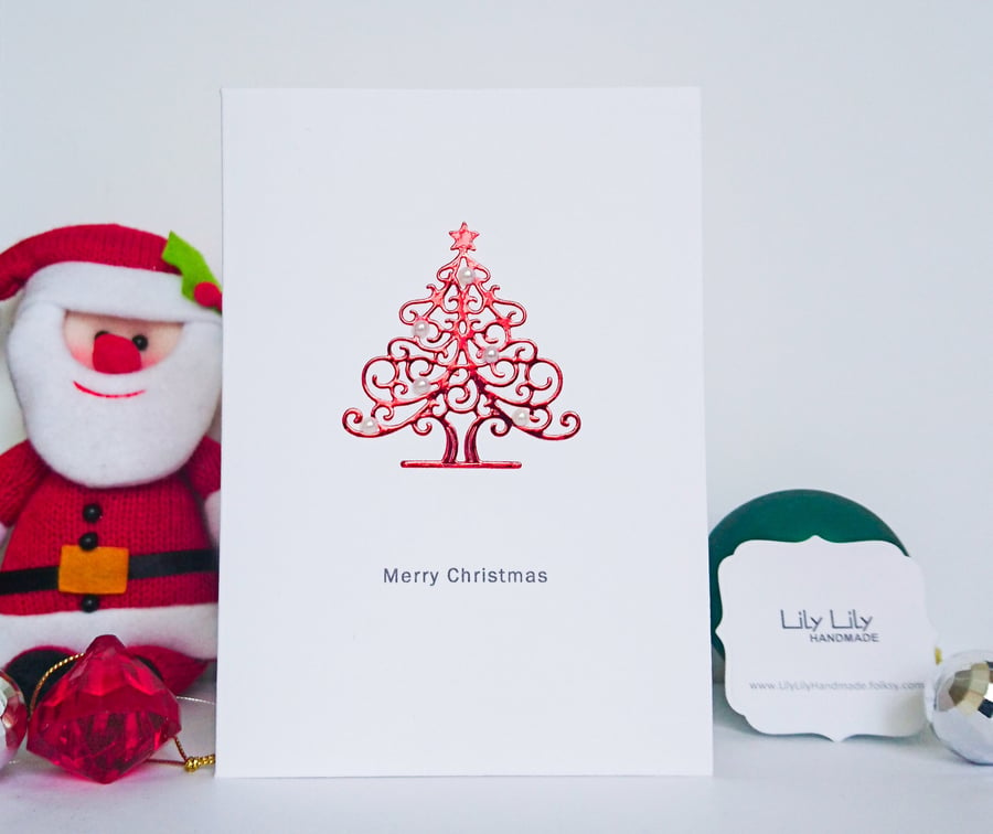 Christmas Card, shiny metallic Christmas tree with pearl baubles, handmade