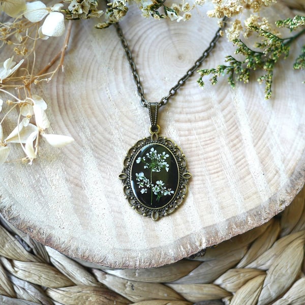 Dried and Pressed Real Flower Cow Parsley Pendant Necklace
