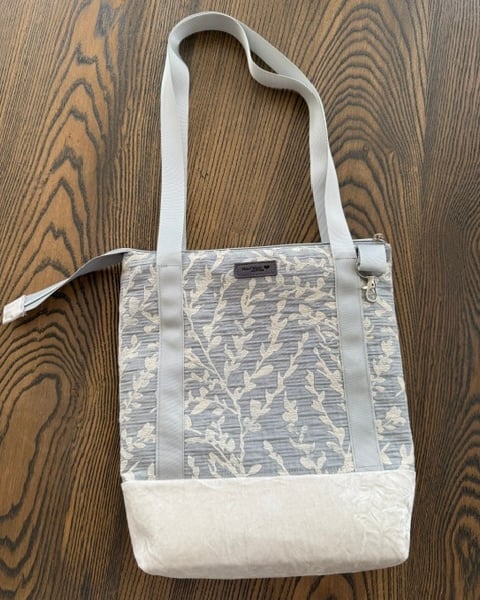 Light Blue and White Leaf design Tote Bag with Velvet base
