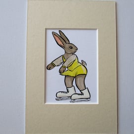 ACEO Bunny Rabbit Ice Skater Skating Dancing Miniature Original Painting Picture