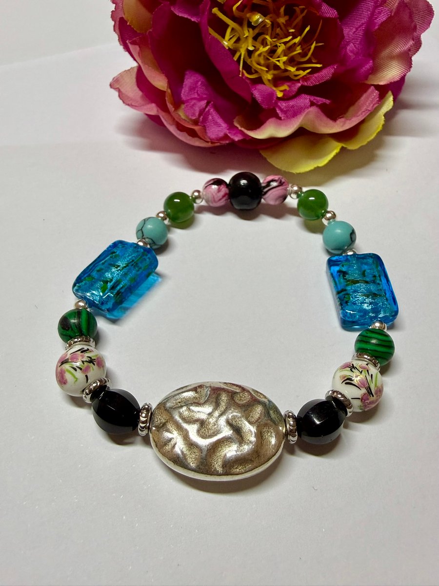 Gemstone, Glass, Metal and Ceramic Stretch Beaded Bracelet